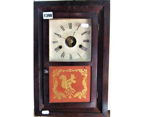 American type ogee drop dial wall clock by Seth Thomas, the square twin train movement over a glazed panel of a squirrel, 41c