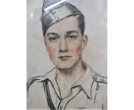K S Lloyd (Mid-20th century school) - Shoulder length portrait of a soldier, charcoal, pencil and pastel on paper, signed, 38