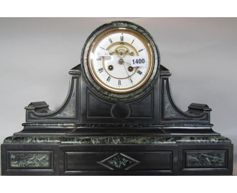 A good quality late 19th century black slate architectural mantel clock, with enamelled dial, twin train movement and escapem