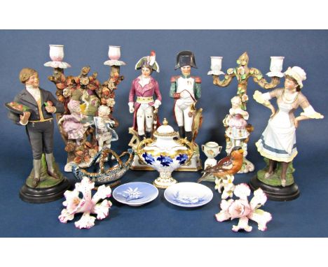 An unusual late 19th century continental twin branch candelabra with mirror inset and applied figures of a boy and a girl in 