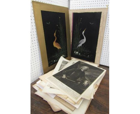 A pair of early 20th century oriental style paintings on black fabric of cranes amongst waterlilies, one signed F Ridgway, da