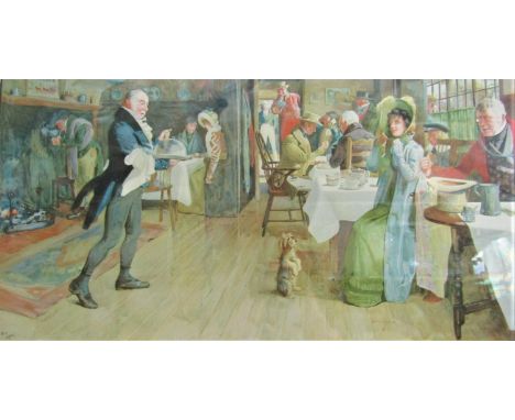 Cecil Aldin (British, 1870-1935) - Pair of signed coloured prints of coaching inn interiors with figures in 19th century dres