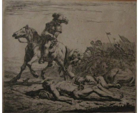 Continental (17th century school) - Scene of battle aftermath with equestrian figures, naked recumbent man, etc, monochrome e