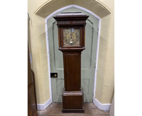 Mid-18th century oak longcase clock, the trunk with canted corners, the hood with column supports enclosing a 31cm square bra