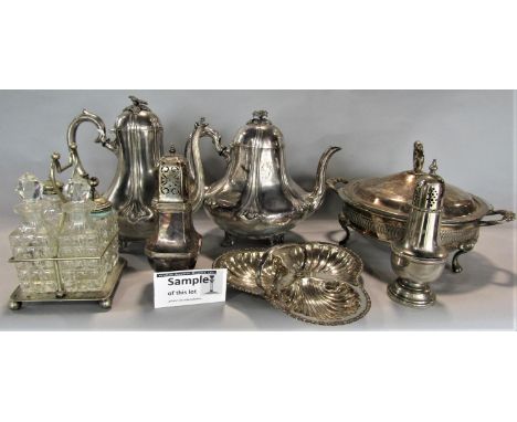 A large collection of silver plated items comprising various entrée dishes, tableware, cruet, flatware and large brass twin h