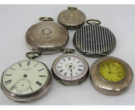 Collection of six various silver and white metal pocket watches to include a Hunter example a Neillo enamel example and other