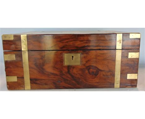 An early 20th century burr walnut brass bound writing slope, brass plaque applied to the hinged lid inscribed Won By Mr W Eas