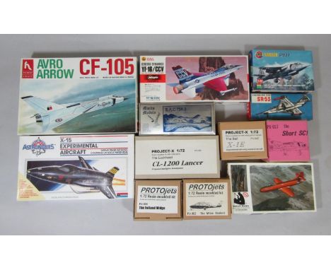 12 model aircraft kits relating to experimental and prototype jets, all appear un-started, including a rare model Saunders Ro