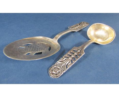 David Andersen Norwegian sterling silver Floriform pattern fish serving spoon and sauce ladle, 24cm and 16cm long respectivel