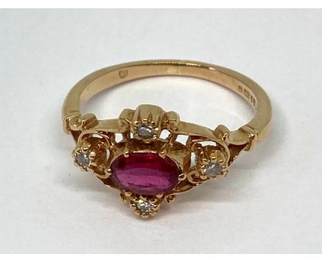 9ct ruby and diamond quatrefoil ring, size K/L, 2.2g 