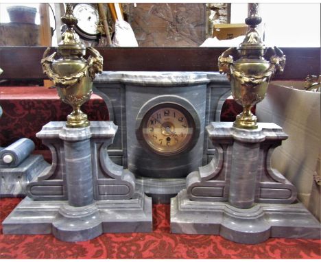 Impressive French grey marble, clock garniture, the central bow fronted clock with single train dial, Arabic numerals, 18 cm 