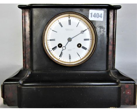 A good quality 19th century black slate architectural mantel clock, the enamel dial with twin train movement inscribed Willia