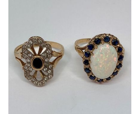 Two 9ct sapphire dress rings; an Art Deco style example, size P/Q and a cabochon opal example, size Q, 7.4g total (2) 