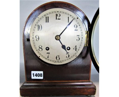 Early 20th century lancet mantel clock, with convex twin train silvered dial and Arabic numerals, inscribed Made In England, 