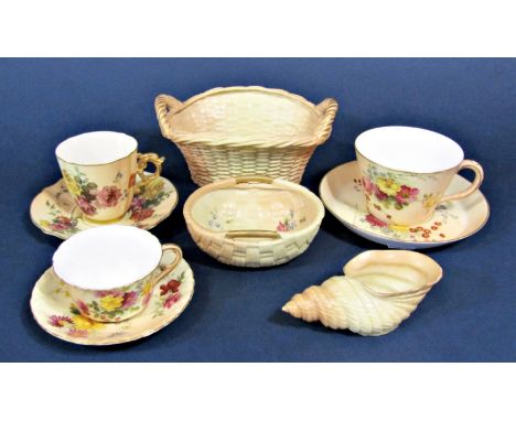 A collection of Royal Worcester blush ivory wares comprising a two handled oval basket with puce printed mark to base 2365, 1