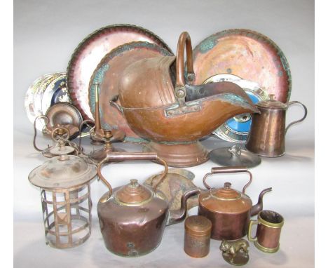 A mixed metal ware lot comprising antique copper helmet coal scuttle, various copper kettles, a collection of enamel plates, 