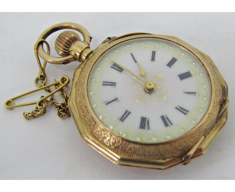 Good quality 14ct fob watch with faceted case, the back fitted with a guilloche enamel panel, with gilt hands and Roman numer