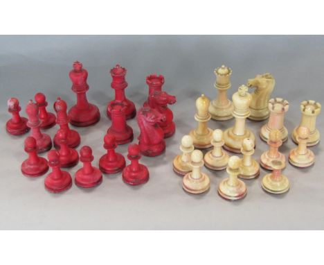 Good quality 19th century ivory Staunton style part chess set, height of king 6cm (one white bishop and one white knight miss