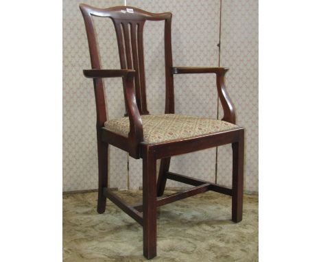 A simple Georgian fruit wood elbow chair with comb splat and square cut supports 