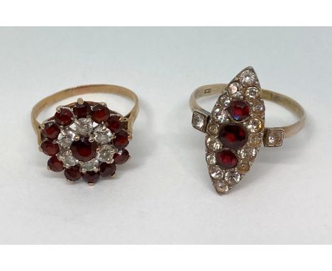 9ct paste cluster ring, 2.8g and a further Art Deco style garnet and paste set marquise dress ring, stamped '9ct MEMC &amp; C