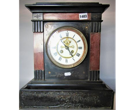 Large black slate architectural mantel clock with enamel chapter ring, twin train movement and open escapement, 40cm high, ke