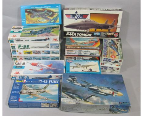 14 aircraft model aircraft kits of shipboard fighters, all appear un-started and many with sealed contents, including models 