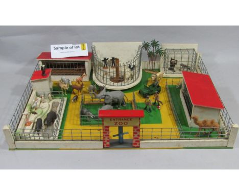 Vintage model zoo with a animals, zoo keepers, bear pit, cages etc together with a box of model farm animals (some by Britain