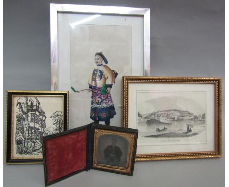 19th century oriental school - Full length study of a male archer in embroidered, watercolour on silk? 22.5 x 13cm approx, fr