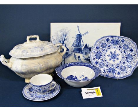 A collection of 19th century and later blue and white wares including Asiatic Pheasant two handled tureen, cover, ladle and s