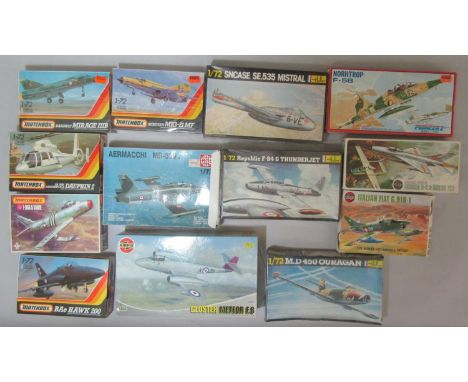 13 model aircraft kits of assorted jet planes, some in original sealed cellophane, all unchecked and appear to be un-started.