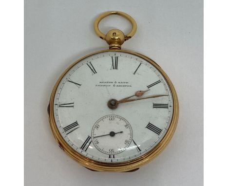 Good quality 18ct Muston &amp; Gath of London &amp; Bristol pocket watch, the convex enamel dial with Roman numerals, subsidi