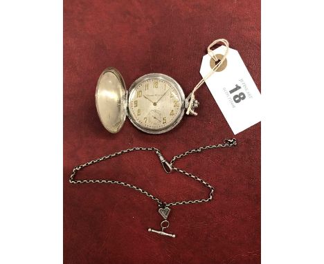 An 800 silver hunting-cased Locarno Watch Co. pocket watch and a silver chain indistinctly hallmarked on the t-bar. 