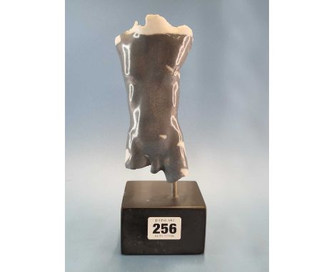 Deborah Kilpatrick (?), a grey glazed male torso supported on a black stone base bearing a label in green biro.   H 22cms