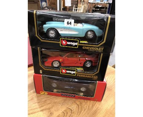 Boxed Burago Ferrari F40 and a Chevrolet Corvette together with a boxed Trophee scale model XJ220