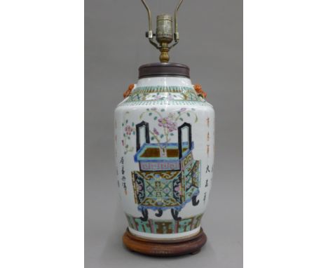 A Chinese porcelain vase converted to a lamp. 69 cm high overall.