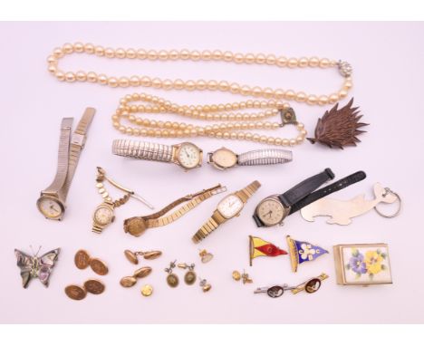 A quantity of various jewellery including, 9 ct gold cufflinks, watches (Timex, Rotary, Waltham, etc.), brooches, etc. 17.8 g