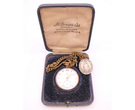 A Centra boxed pocket watch on a brass watch chain. 4.5 cm diameter.