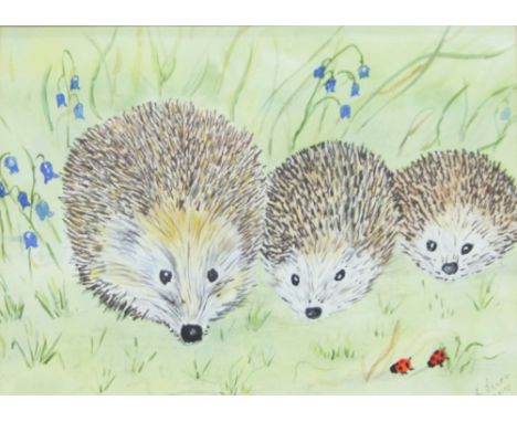 R LUNN, Three Hedgehogs, watercolour, framed and glazed. 17.5 x 12.5 cm.