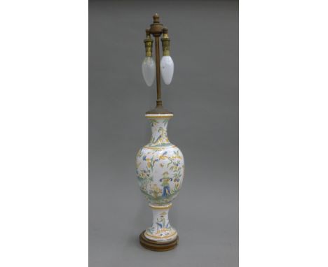 A faience vase converted to a lamp. 59 cm high overall.