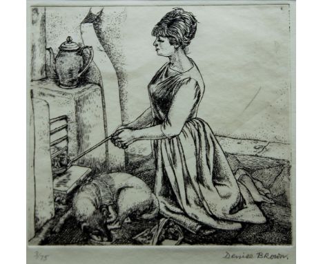 DENISE BROWN, Toasting Chestnuts, a limited edition etching numbered 3/75 and signed in the margin. 34 x 30 cm overall.