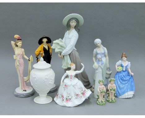 A box of various porcelain, including Royal Doulton figures, a Nao figurine, etc.