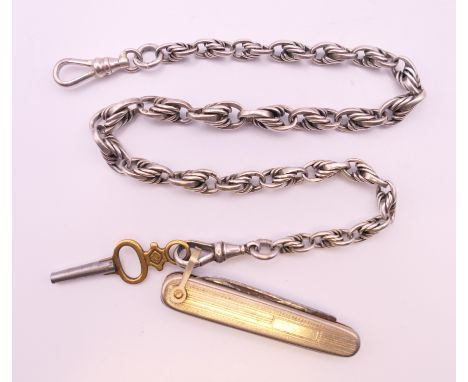 A silver watch chain, key and penknife.   Chain 32 cm long, penknife 5 cm long. 