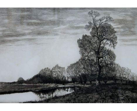 The Black Poplar and the Bend of the River, limited edition etching, by Alfred Blundell, signed and numbered 26/75, framed an