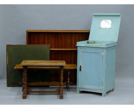 A vintage painted wash stand, a coffee table, a hall bench, a card table and a wall mounted display cabinet. 