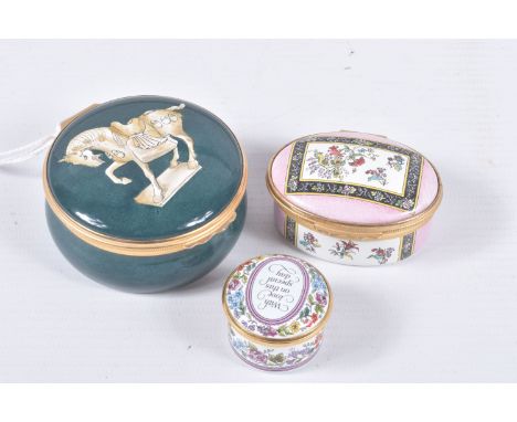 THREE HALCYON DAYS ENAMEL TRINKET BOXES, comprising an Ashmolean Museum Oxford trinket box depicting a 'Tomb Model of a Horse