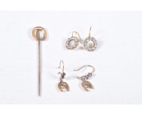 THREE ITEMS OF EARLY TO MID 20TH CENTURY JEWELLERY, to include a horse shoe stickpin, stick believed to be base metal, a pair