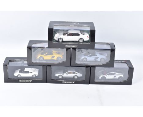 SIX BOXED MINICHAMPS 1:43 SCALE METAL MODEL VEHICLES, to include a Bentley Continental Flying Spur 2005 in white, item no. 43