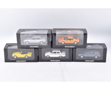 FIVE BOXED MIINICHAMPS 1:43 SCALE METAL MODEL VEHILCES, to include a Triumph TR6 1968 in yellow, item no. 430 132574, a Lotus