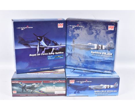 FOUR BOXED HM HOBBYMASTER 1:48 SCALE AIR POWER SERIES DIE-CAST MODEL MILITARY AIRCRAFTS, the first a Spitfire PR.XIX, numbere