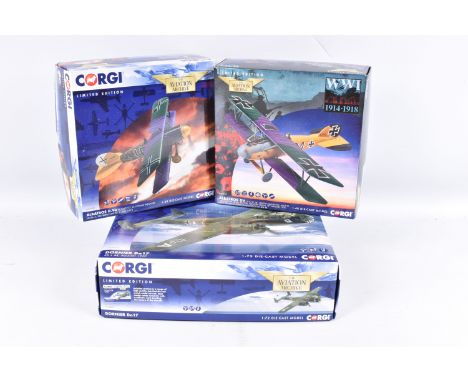 THREE BOXED LIMITED EDITION CORGI AVIATION ARCHIVE MODEL MILITARY AIRCRAFTS, the first a 1:48 scale Albatros D.Va, numbered A